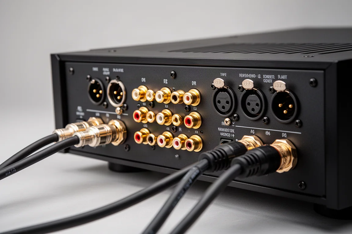 Panel trasero de un amplificador con entradas RCA y XLR y terminales de altavoz robustos