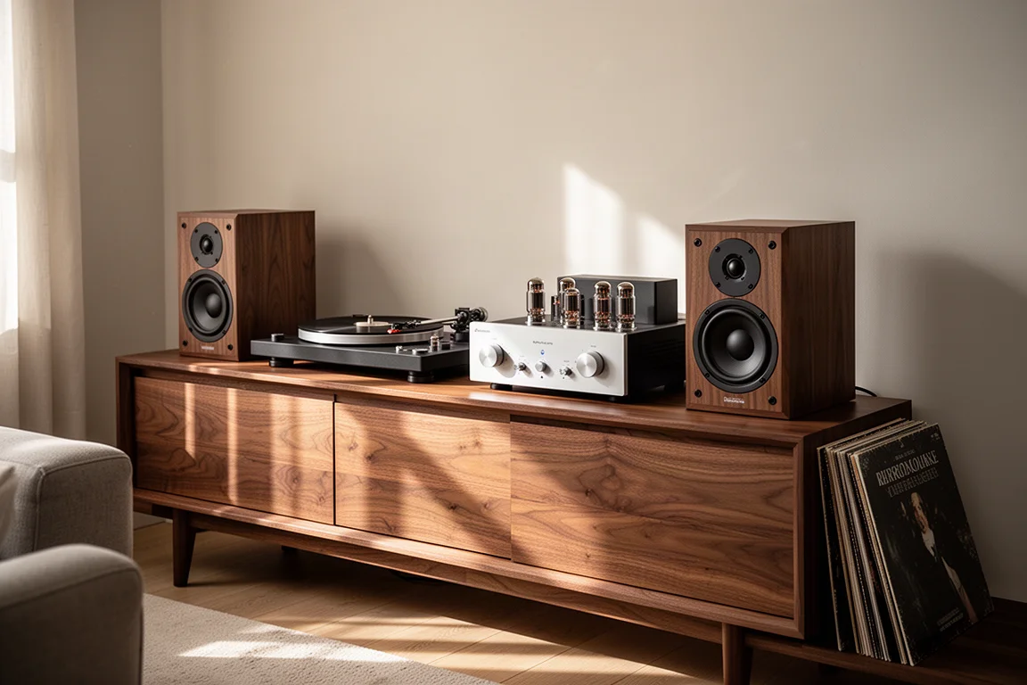 Estantería de alta fidelidad con tocadiscos, amplificador a válvulas y altavoces de estantería con luz suave