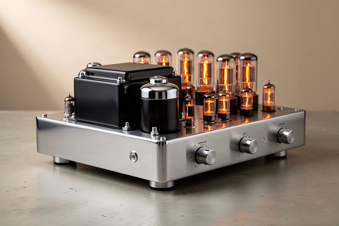 Classic stainless steel tube amplifier with glowing valves on a concrete surface