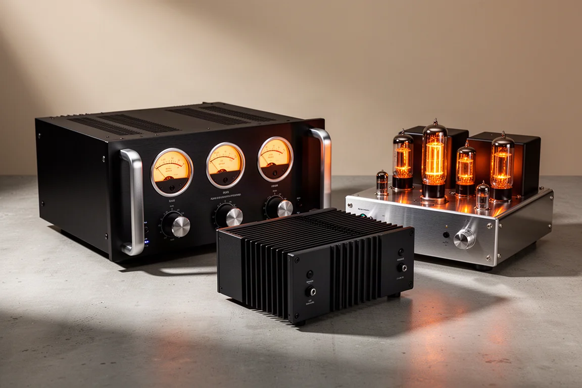Three power amplifiers on concrete: solid-state with meters, monoblock, and tube amplifier