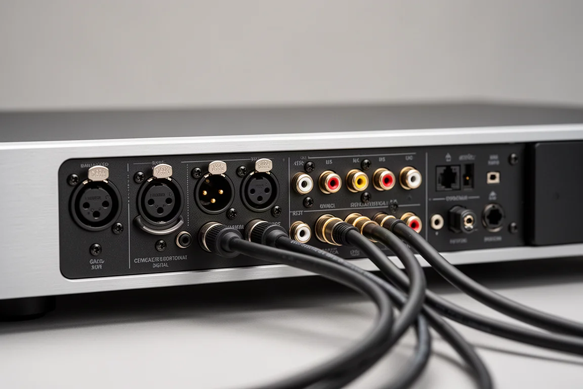 Närbild på digitala ingångar på baksidan, XLR- och RCA-kontakter med prydligt dragna kablar