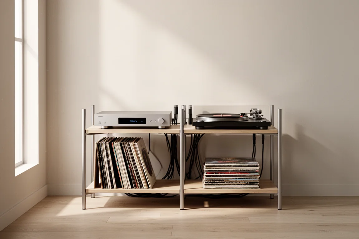 Modernt hi-fi-ställ med en smal digital komponent, skivspelare och skivor i dagsljus