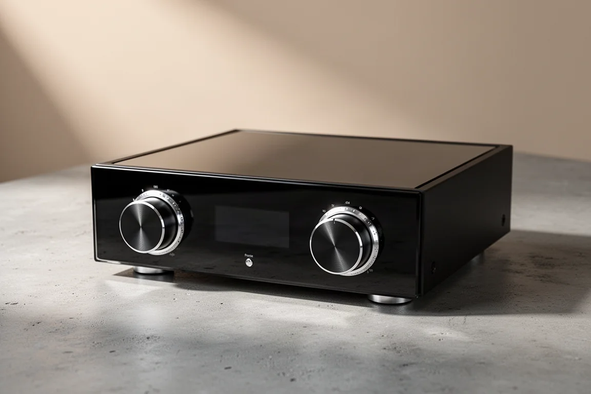 Slim digital-to-analog converter with black glass faceplate and two rotary knobs on concrete