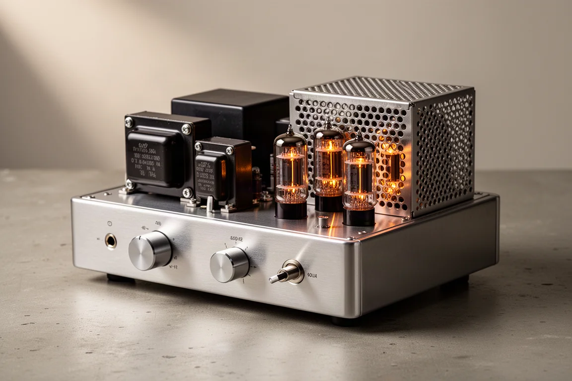 Compact stainless steel tube headphone amplifier with four tubes and two knobs on concrete