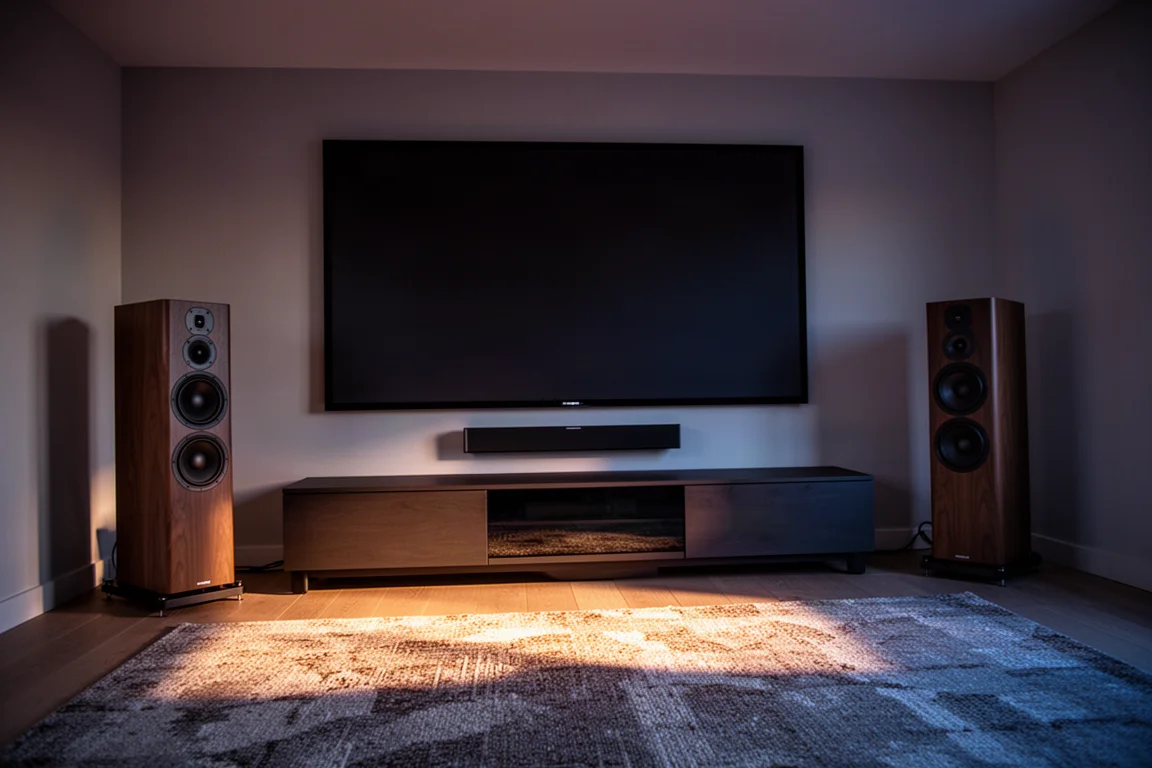 Dimly lit home theater room with tower speakers and a center channel glowing in soft light