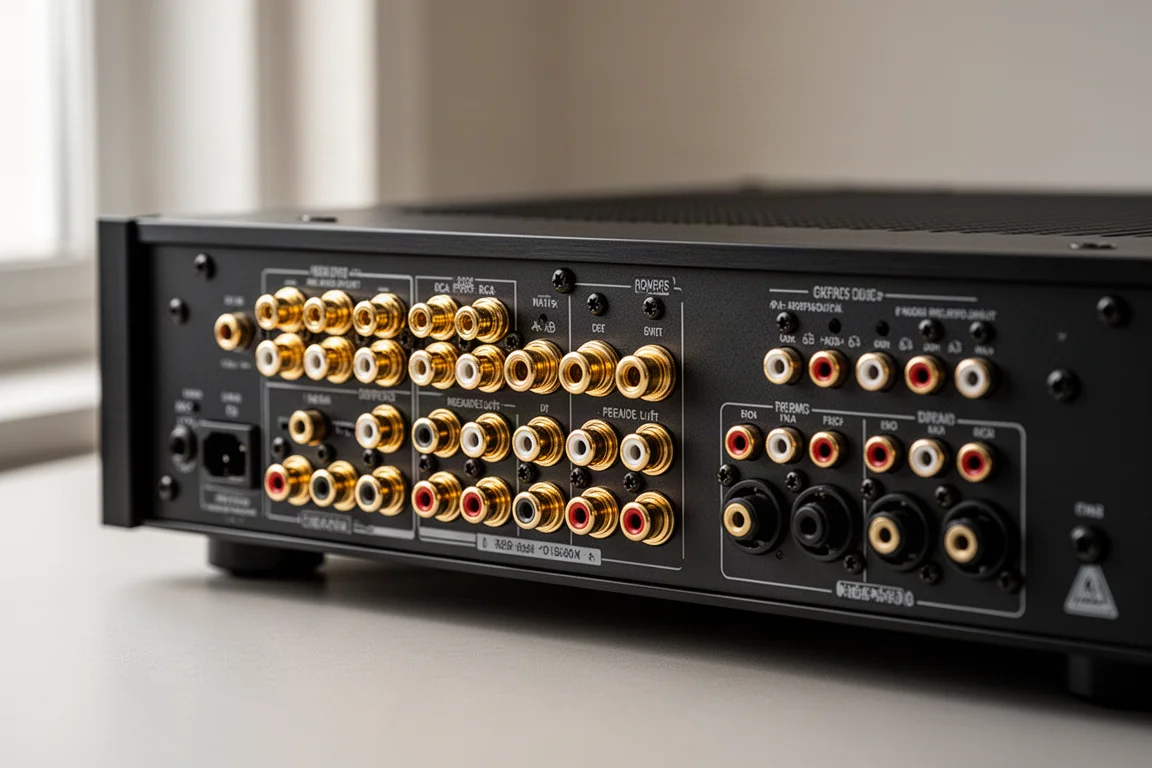 Close-up of gold speaker binding posts and RCA preamp outputs on an amplifier rear panel