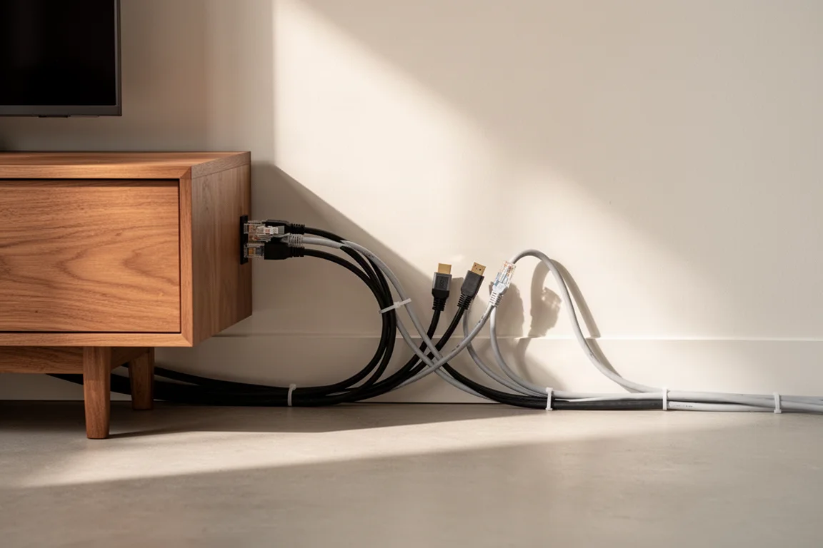 Neatly routed HDMI and Ethernet cables behind a low wooden media console