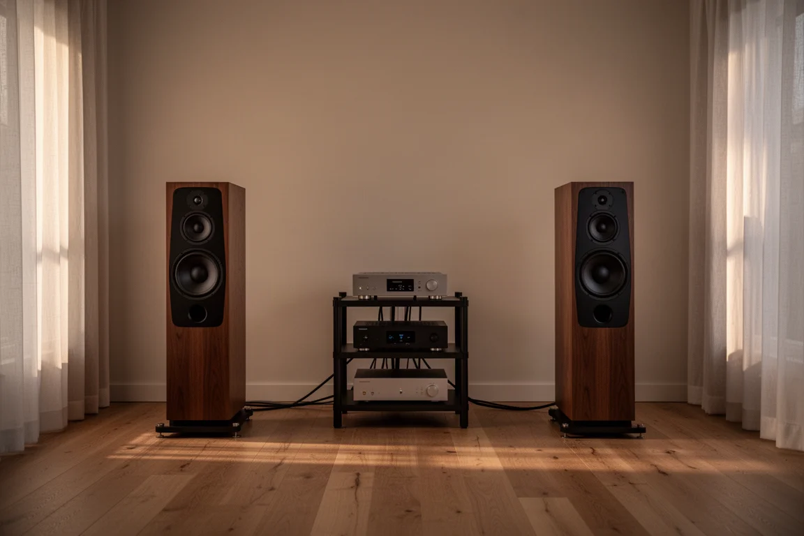Minimalist listening room with floorstanding speakers and evening light through sheer curtains