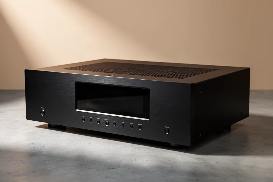 Black matte aluminum home theater amplifier with a central viewing window on a concrete surface