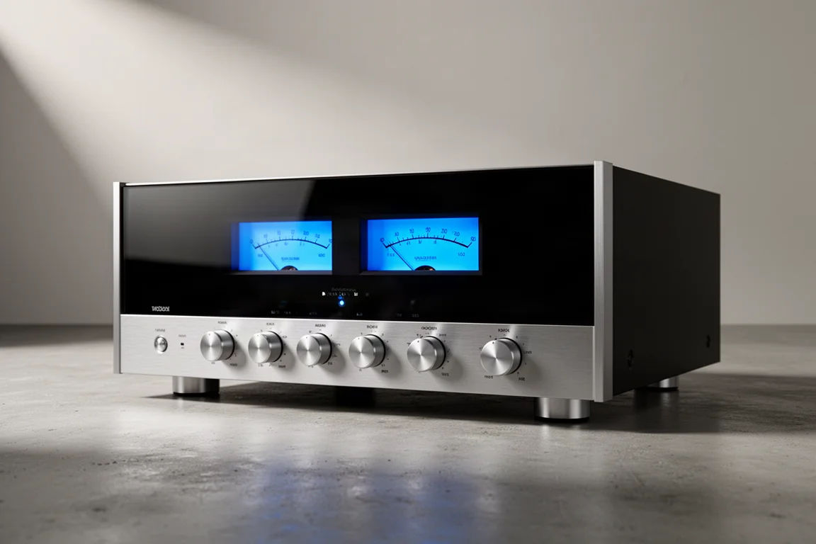 High-end streaming integrated amplifier with two blue power meters on a matte concrete surface