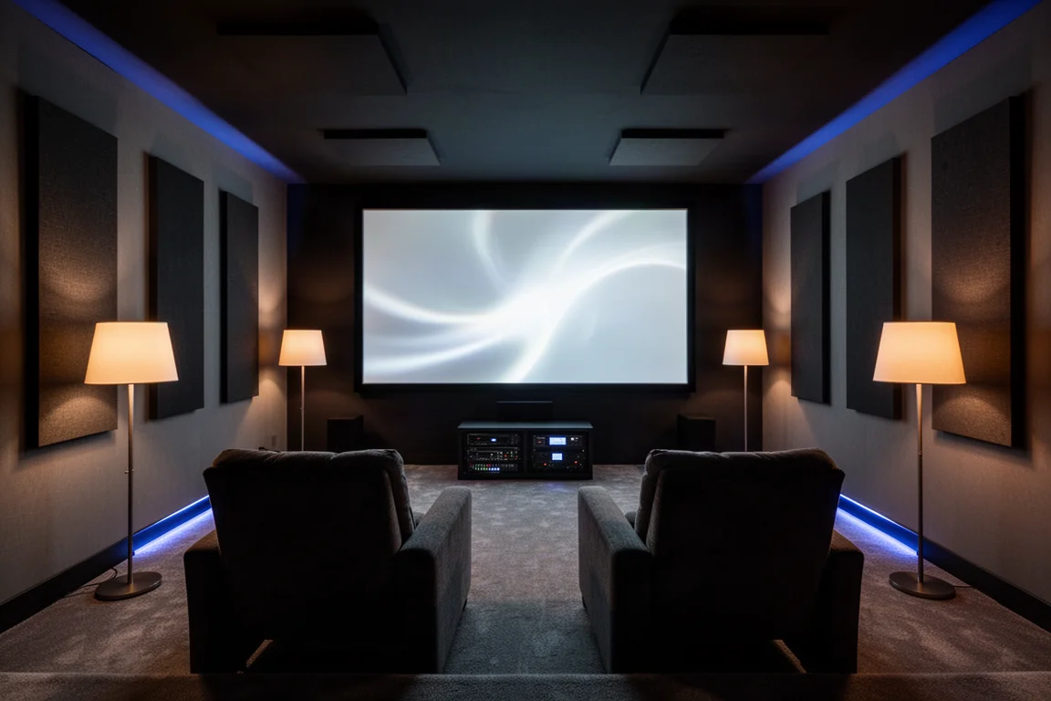 Sala home theater buia con due poltrone rivolte verso uno schermo dal bagliore soffuso