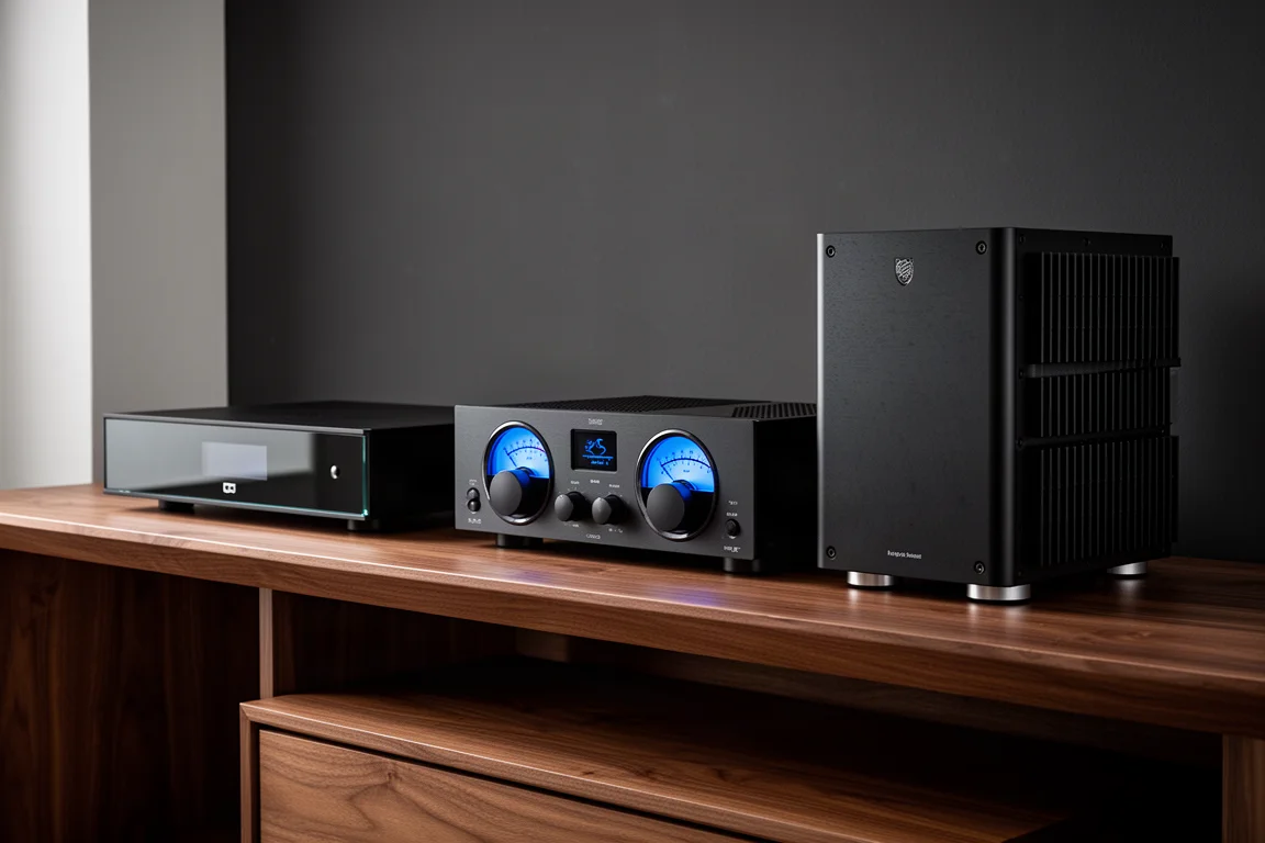 Three high-end audio components on a walnut shelf against a charcoal wall