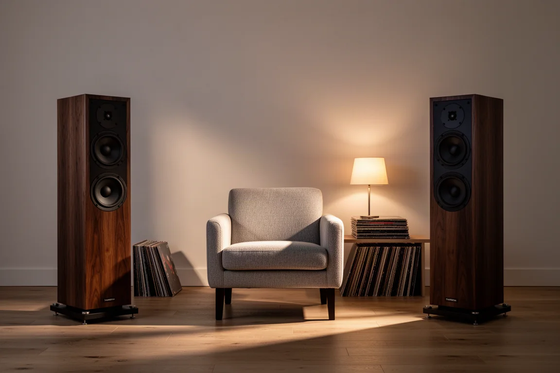 Sala d'ascolto minimalista al crepuscolo con due diffusori in legno scuro ai lati di una poltrona