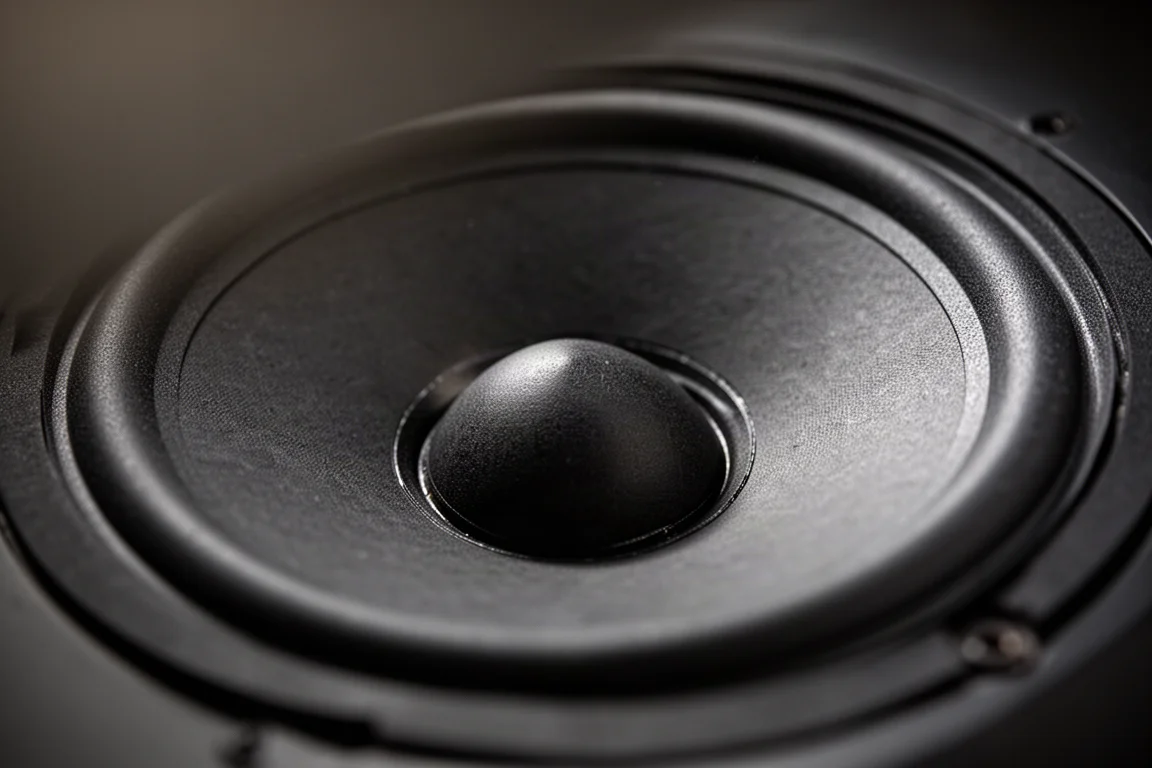Primo piano del cono del woofer di un diffusore e della sospensione in gomma a metà escursione