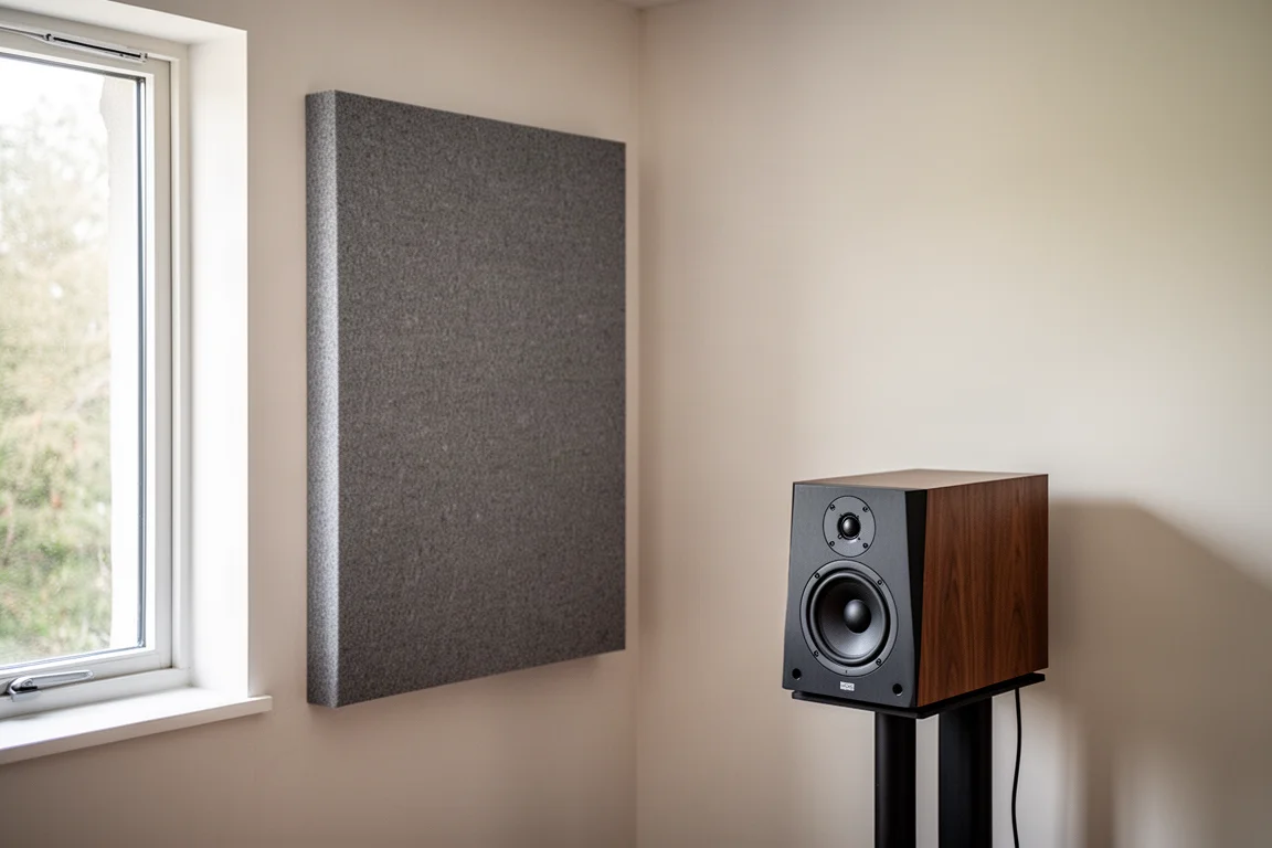 Angolo di una sala d'ascolto trattata con pannello acustico e diffusore angolato