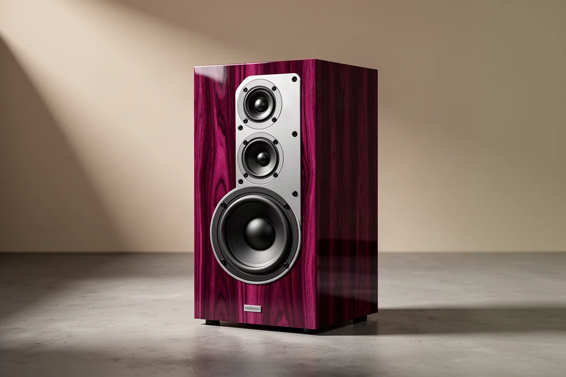 Compact rosewood loudspeaker with aluminum baffle on a concrete floor in a minimal room