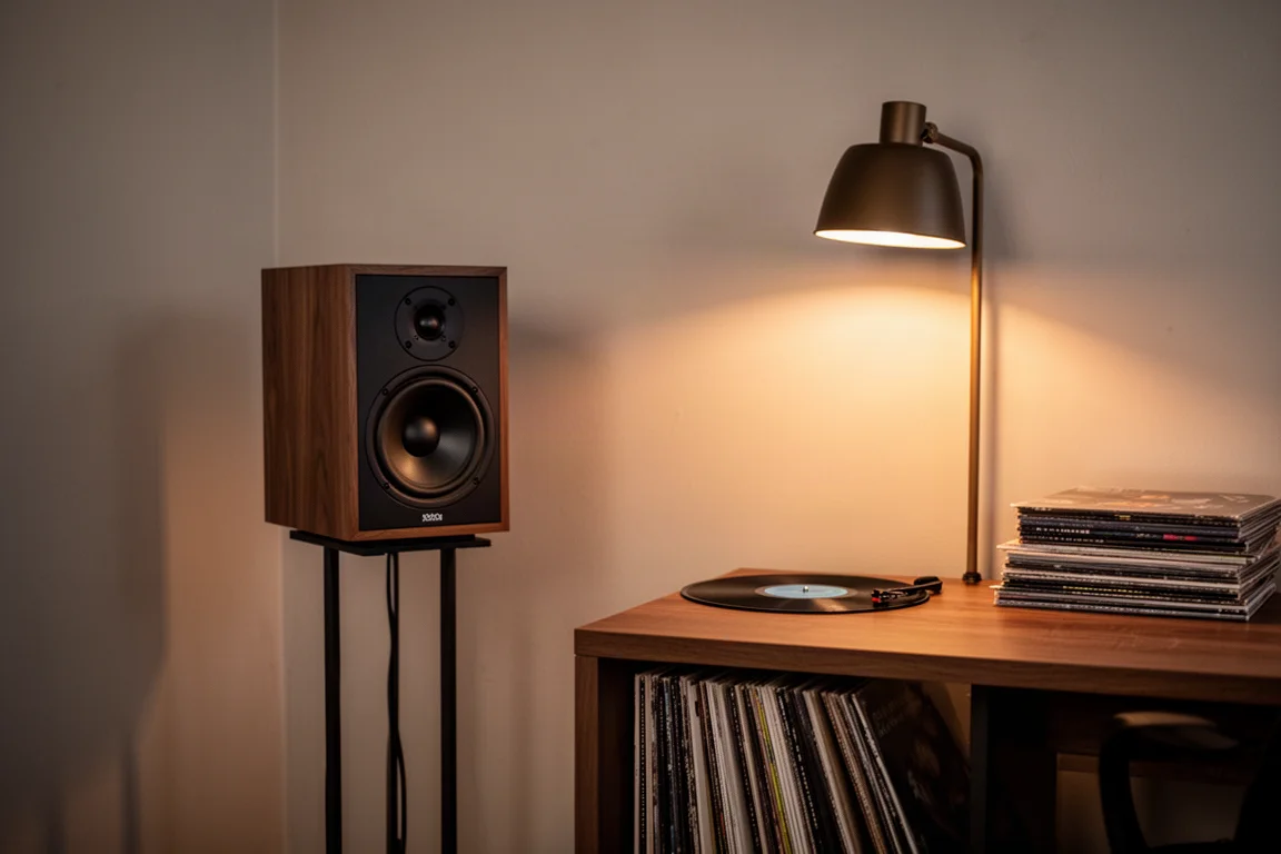 Compact speaker on a stand in a small listening room lit by a warm floor lamp