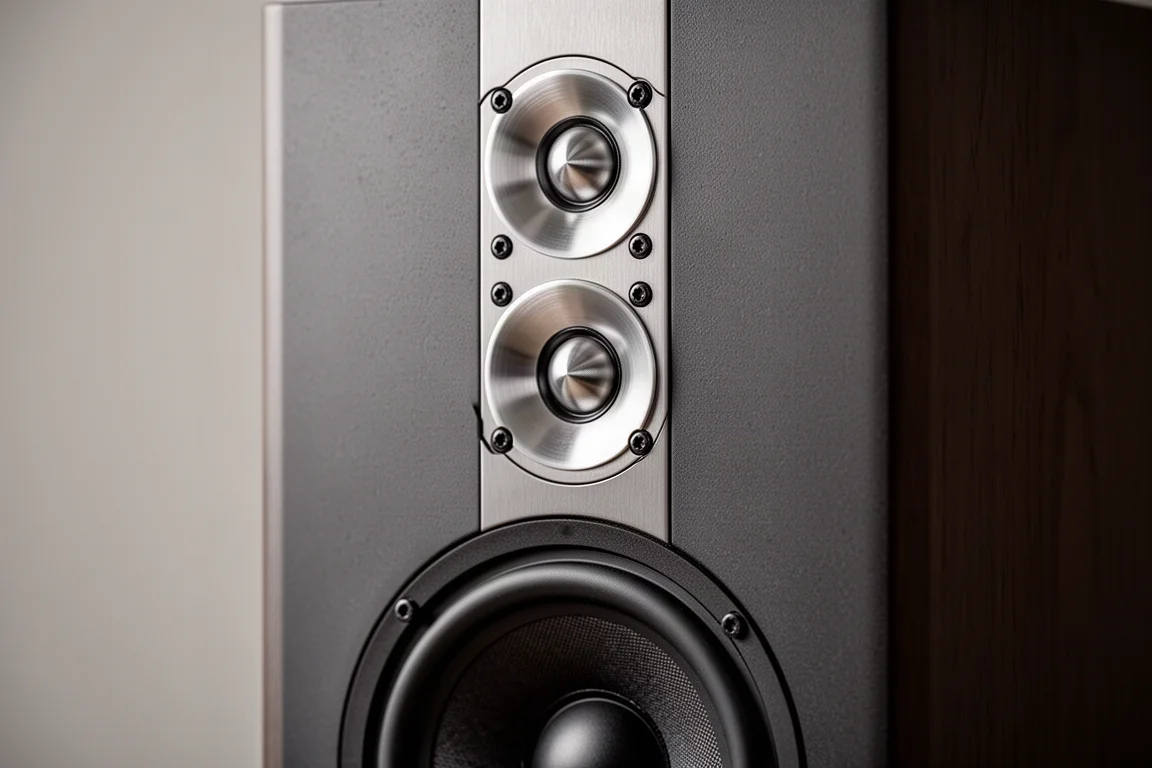 Close-up of a speaker driver array with small metallic dome drivers and a woofer