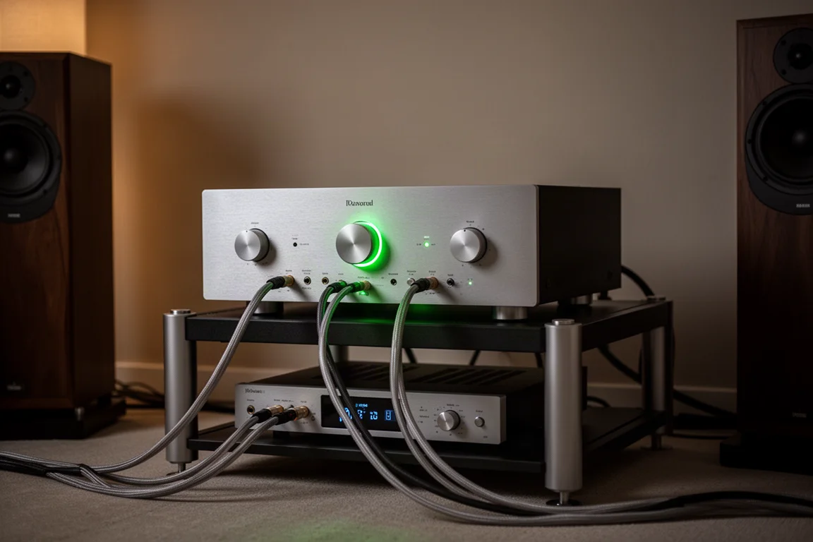 High-power stereo amplifier glowing on a rack in a dim listening room