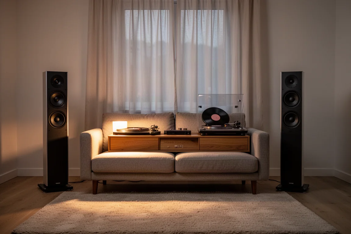 Slim tower speakers flanking a sofa in a small living room with a record playing