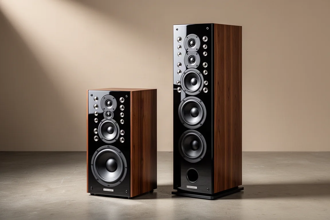 Compact bookshelf speaker and slim tower speaker side by side on a concrete floor