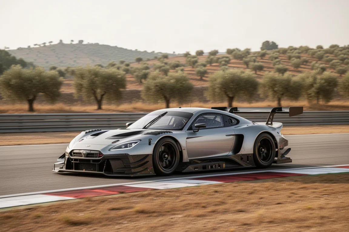 Coupé de carreras enfocado al circuito tomando una curva a fondo en un trazado español soleado