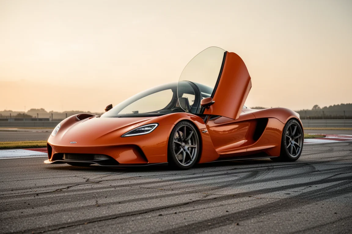 Orange McLaren 750S supercar parked on racetrack tarmac at golden hour