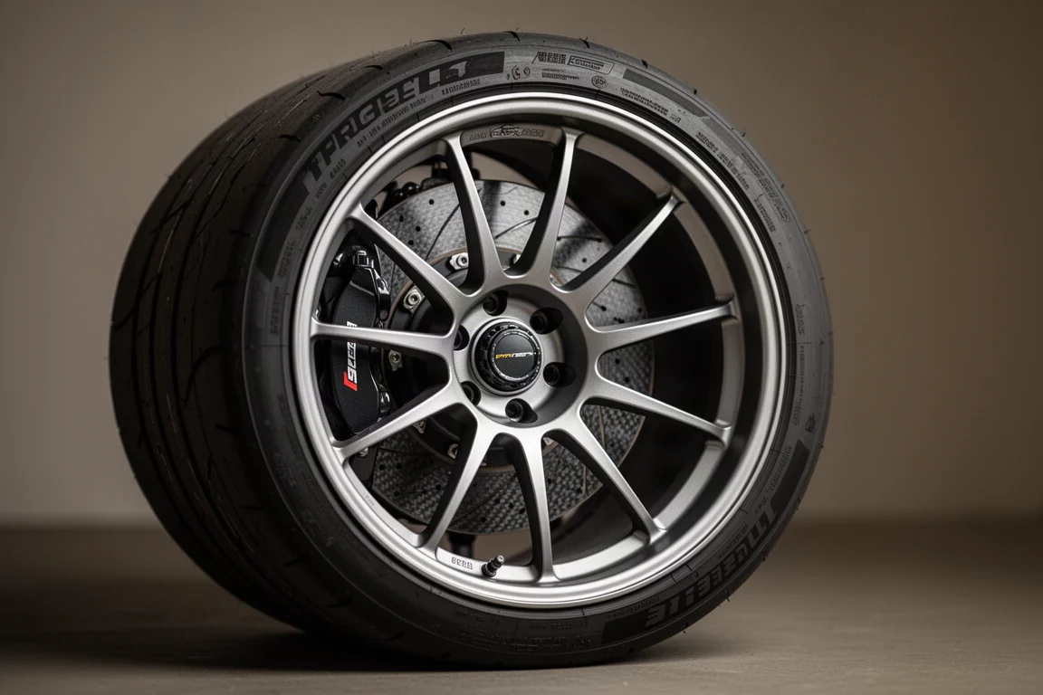 Close-up of a lightweight forged alloy wheel with a performance tyre