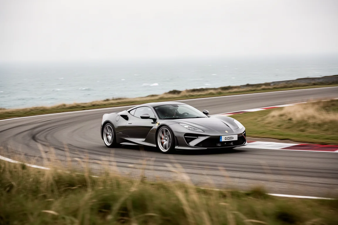 Supercar cornering through a sweeping bend on a coastal race track