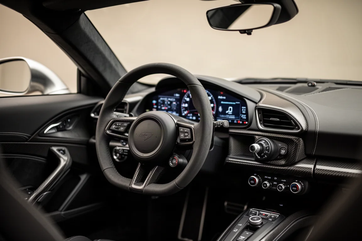 Driver's cockpit view with a racing steering wheel and digital instrument display