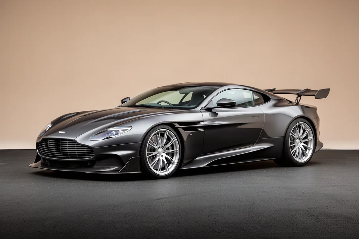 Dark metallic McLaren-style supercar with rear wing on matte tarmac