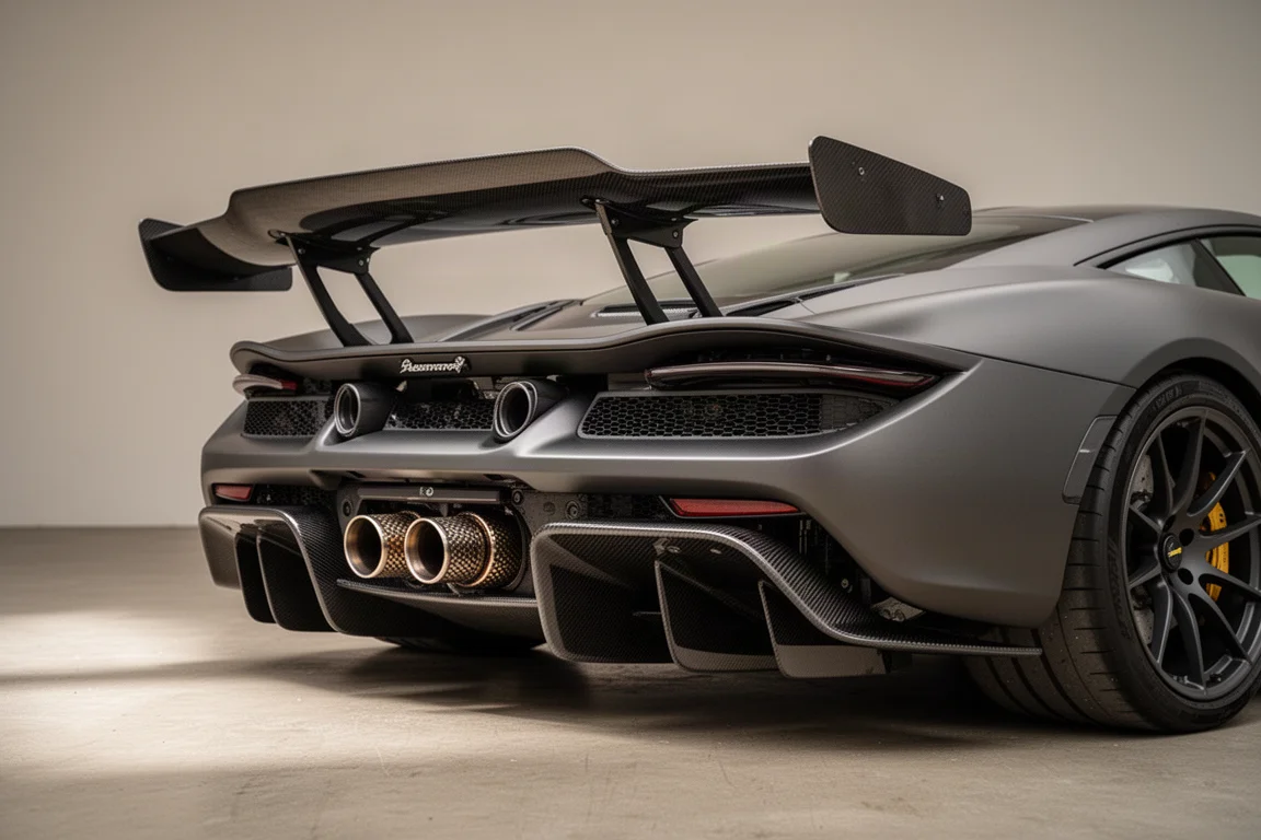 Vue arrière trois-quarts d'une supercar orientée circuit avec un grand aileron carbone actif