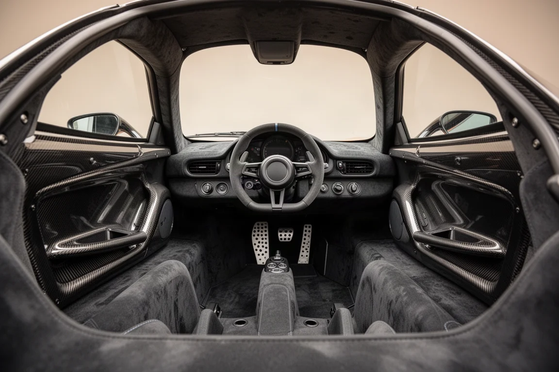 Cockpit d'une supercar centré sur le conducteur, avec habillage Alcantara, sièges carbone et position de conduite basse