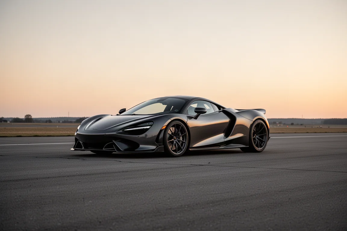 Supercar garée sur un tarmac paisible dans une douce lumière de fin de journée