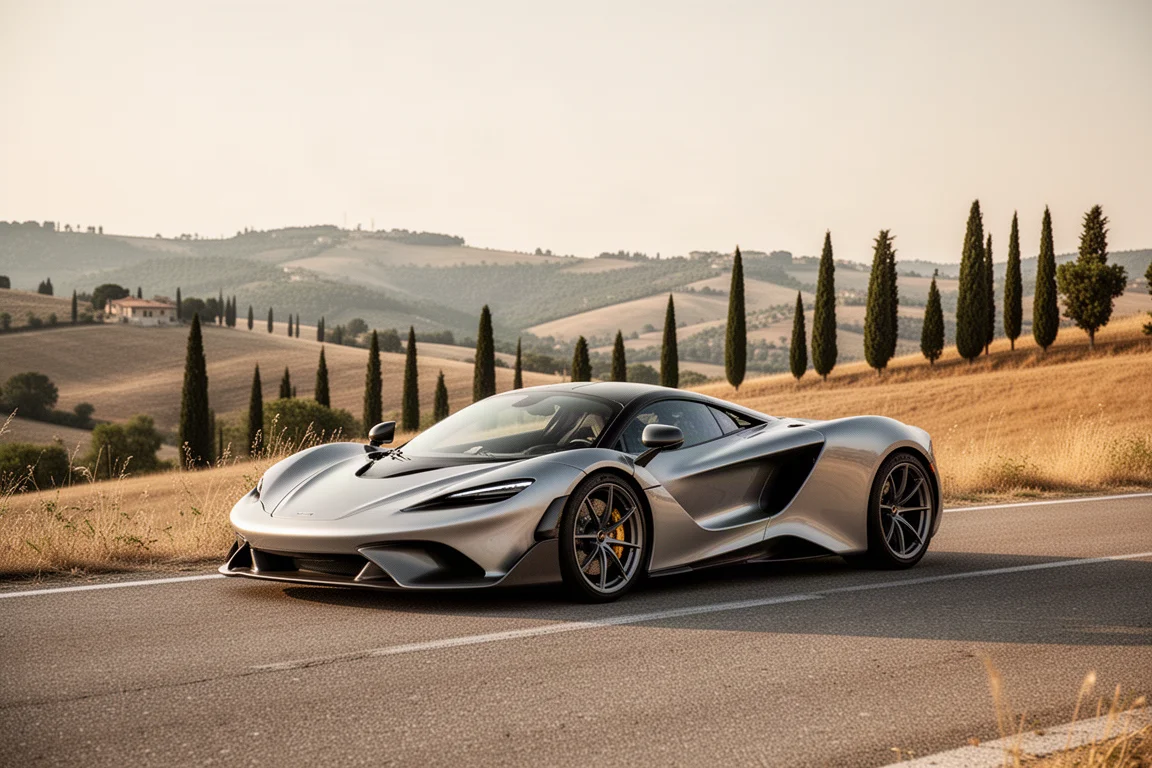 Moderner Hybrid-Supersportwagen geparkt auf einer Bergstraße in Italien an einem Sommertag