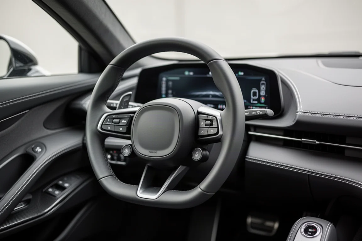 Nahaufnahme eines Lenkrads mit Modus-Wippschaltern im Cockpit eines Supersportwagens