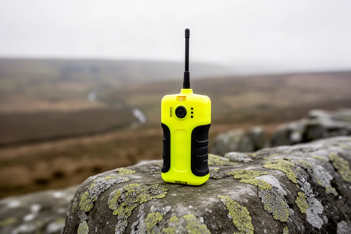 Beacon di emergenza giallo compatto con antenna sollevata appoggiato su una sporgenza di arenaria