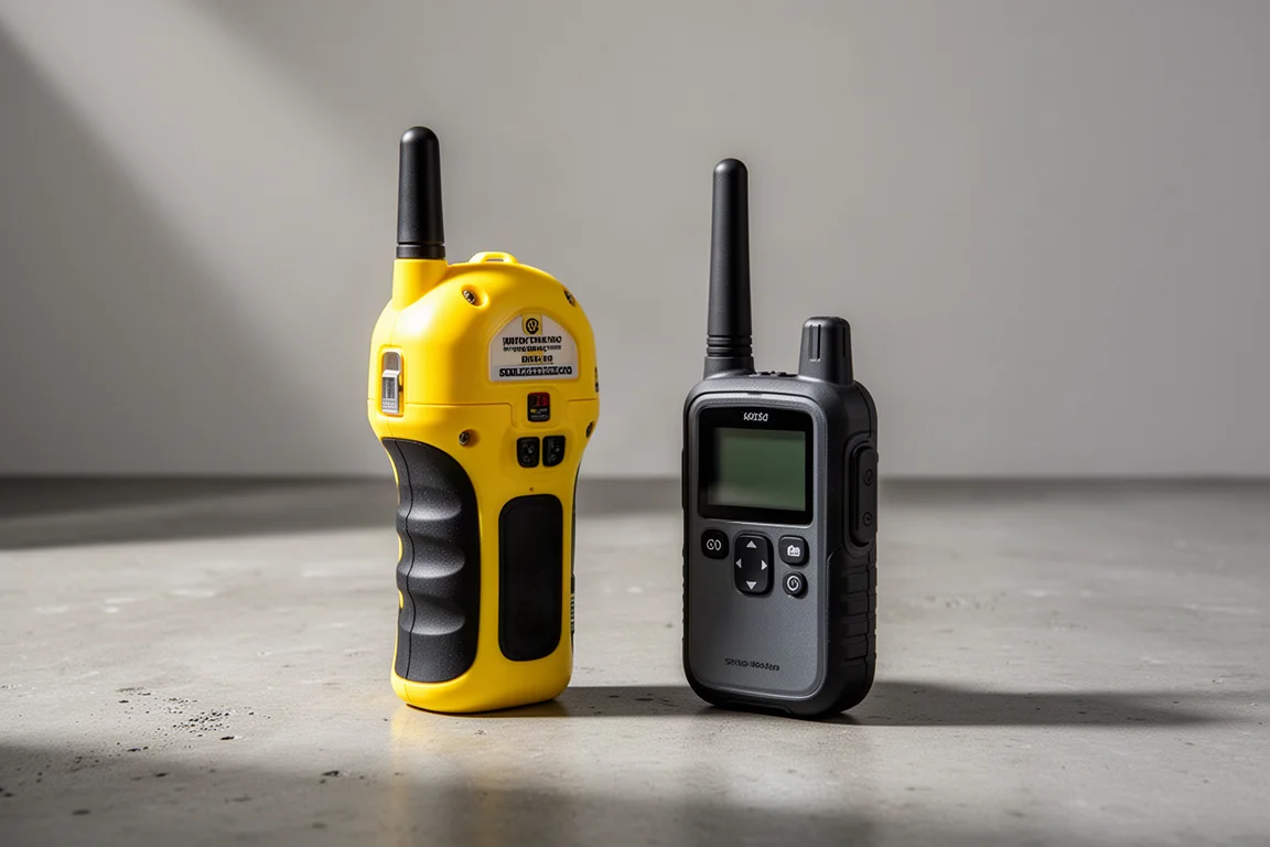Yellow personal locator beacon and dark grey satellite communicator on concrete