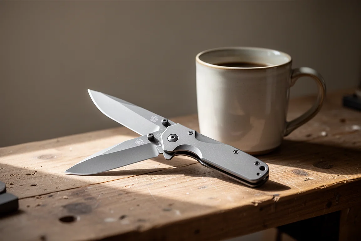 Groot titanium opvouwbaar mes open op een werkbank naast een kop koffie