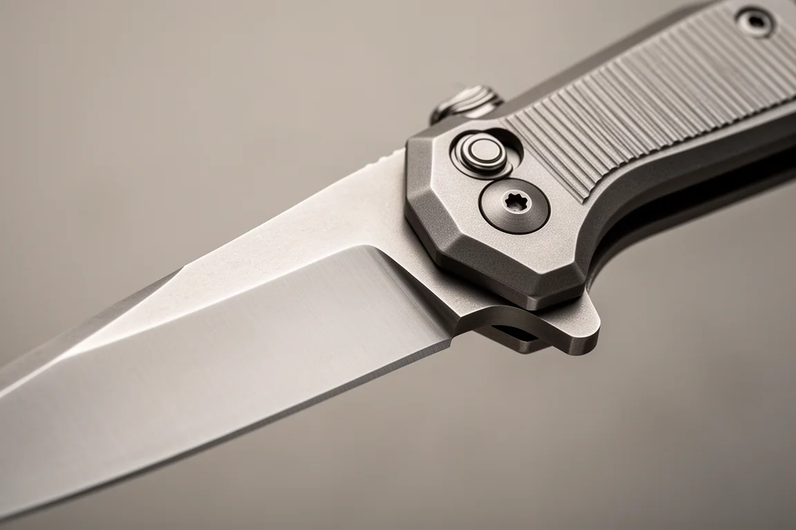 Close-up van een dikke mesrand en framelock op een titanium opvouwbaar mes