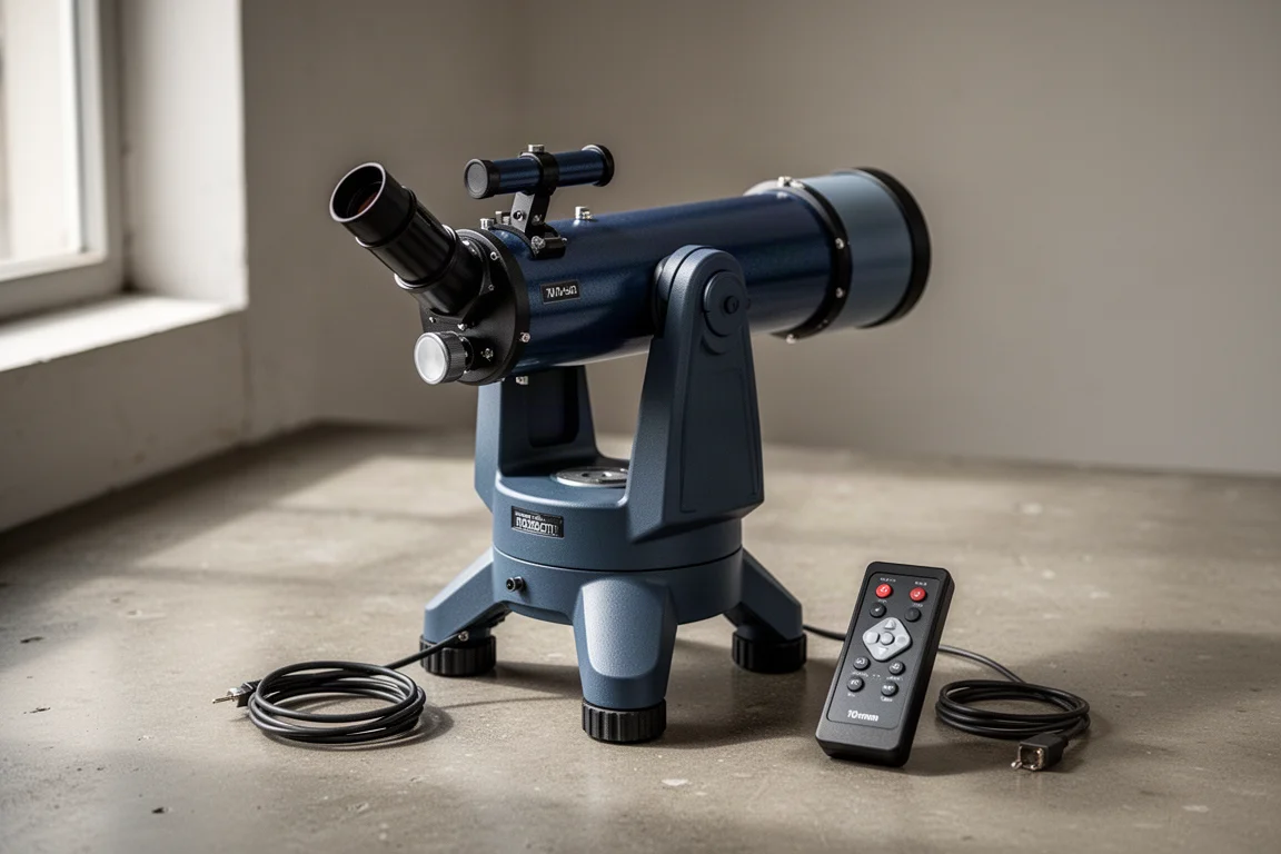Meade ETX-70 輕巧電腦化折射望遠鏡,連手搖控制器放在石屎地上