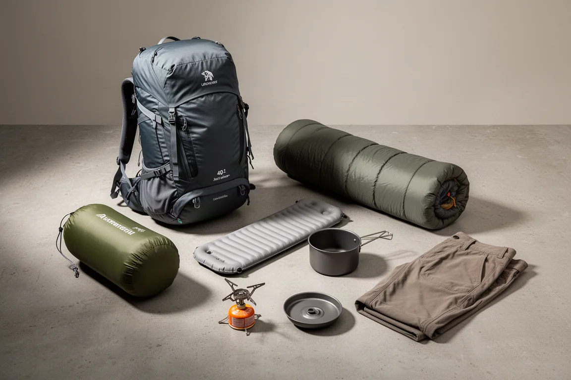 Ultralight backpacking gear arranged on a neutral concrete surface for a review