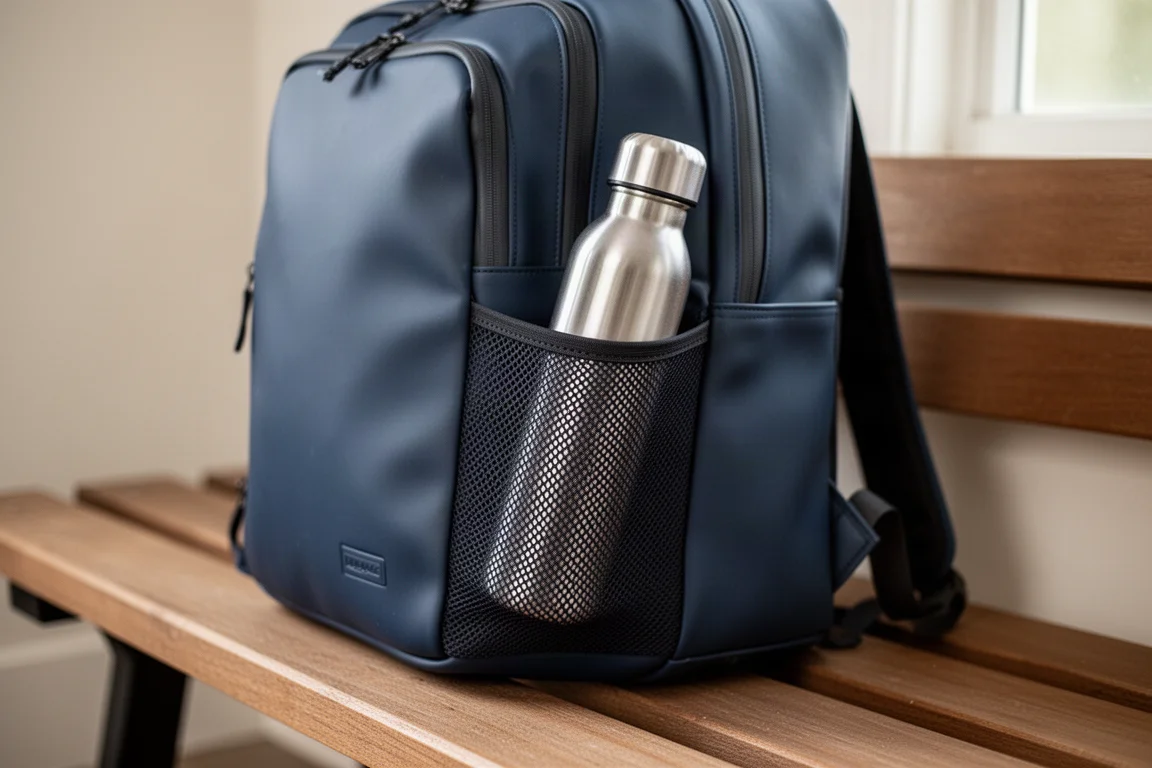 Garrafa de água entrando em um bolso lateral de malha elástica em uma mochila de viagem azul-marinho