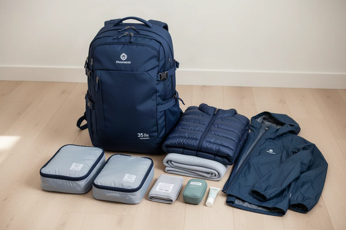 Mochila de viagem cheia com cubos organizadores, uma jaqueta puffer e um kit de higiene dispostos ao lado