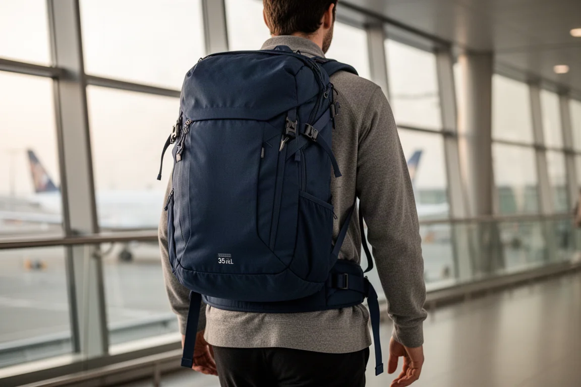 Viajante usando uma mochila de 35 litros azul-marinho cheia em um portão de aeroporto