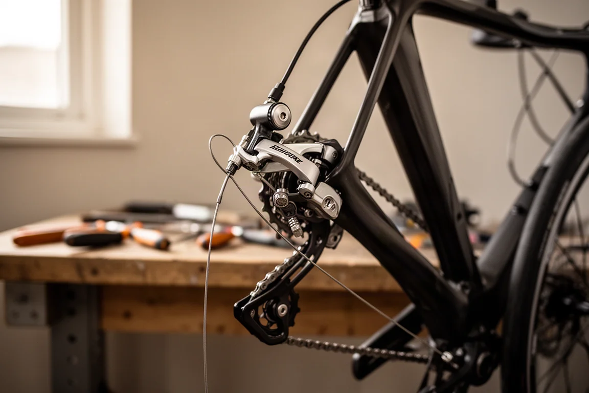Hände eines Radfahrers beim Einstellen eines mechanischen Schaltwerks an einem Rennrad in einer Werkstatt