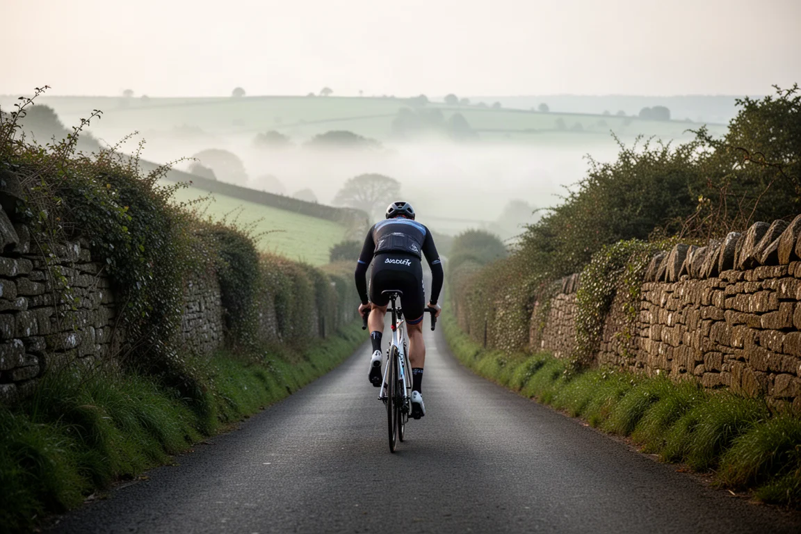 Rennradfahrer bei der Auffahrt auf einen steilen Bergkurs im schwachen Morgenlicht