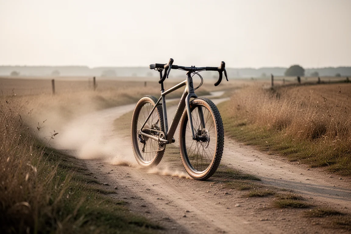 Gravelbike auf einem staubigen unbefestigten Weg neben offenen Feldern