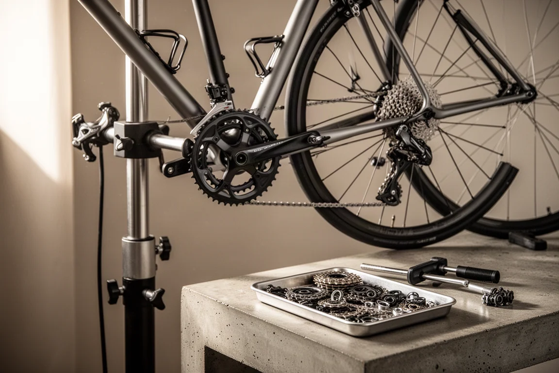 Rennrad auf einem Montageständer mit daneben ausgelegten Antriebskomponenten