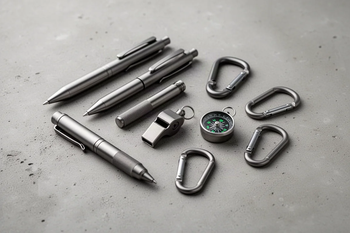 Flat lay av titan-EDC-verktyg, pennor och små tillbehör på betong